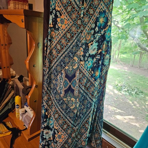 Maurice's Boho Style Sleeveless Swing Dress with Teal, Dark Blue & Peach Design - Picture 3 of 4